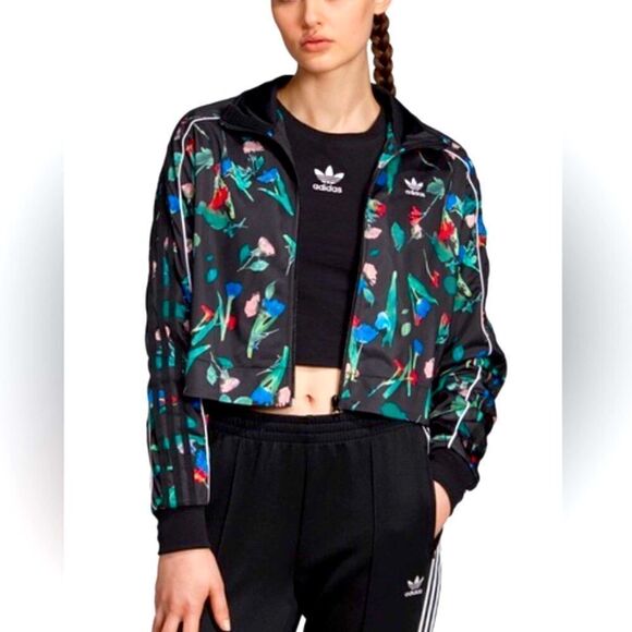 Adidas Originals BELLISTA Black Floral Print Cropped Trefoil Track Jacket - Picture 1 of 16